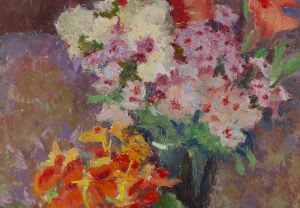 Stanisław Dąbrowski (1882 Albertyn - 1943 Warszawa), Martwa natura z nasturacjami, mieczykami i czereśniami