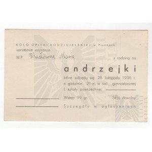 II RP Zaproszenie na Zabawę Andrzejkową - Koło Opieki Rodzicielskiej, Pionki