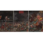 Utagawa Kuniyoshi, Wojska Takedy Shingena po zejściu z góry Seijo i przeprawie przez rzekę Amenomiya, walczą z Amakasu Kagemochi pod Kawanakajima w prowincji Shinshu-tryptyk, 1855