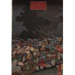Utagawa Kuniyoshi, Takeda Shingen's troops after descending from Mount Seijo and crossing the Amenomiya River, fight Amakasu Kagemochi at Kawanakajima in Shinshu province-triptych, 1855