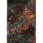 Utagawa Kuniyoshi, Takeda Shingen's troops after descending from Mount Seijo and crossing the Amenomiya River, fight Amakasu Kagemochi at Kawanakajima in Shinshu province-triptych, 1855