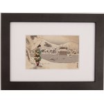 Utagawa Hiroshige, Winter landscape with pagoda and female figure