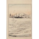 Utagawa Toyohiro, Seaport with sails and birds - woodcut from the series Twelve Views of Mount Fuji