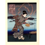 Utagawa Kuniyoshi, Young woman fishing for skylights by the river - bijin-ga