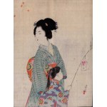 Mizuno Toshikata, Mother and daughter, Japanese kuchi-e woodcut,