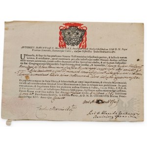 Antonio Maria Odescalchi, Rome 1761, Ecclesiastical Testimonium for Peter Paul Philip Bonaloggi