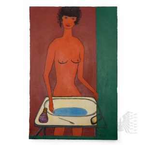 Krzysztof Kulicki Kulwietis [1938-2026]: Łazienka dla młodej, Polska, ?2012? r. Akt Kobiecy , Erotyk, Art Brut,