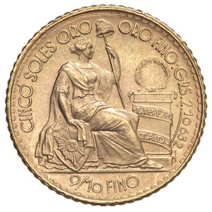 Foreign coins - PERU 5 Soles 1965 - KM 235 AU (g 2,35) 14000 pezzi coni...