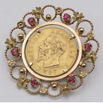 Jewellery - 1960s yellow gold brooch and small rubies. Coin ...