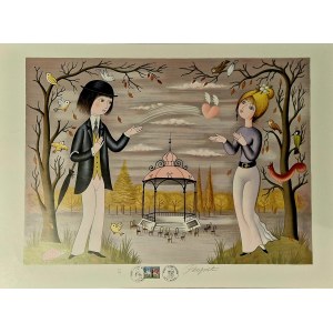 Peynet Raymond (1908-1999) La balle de l'amour'' (Catch the Ball of Love) from the series Les Amoureux (The Lovers) 1985.