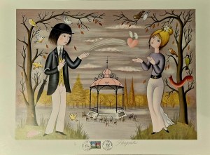 Peynet Raymond (1908-1999) „La balle de l'amour’’ (Złap Piłkę Miłości) z cyklu „Les Amoureux” (Zakochani) 1985