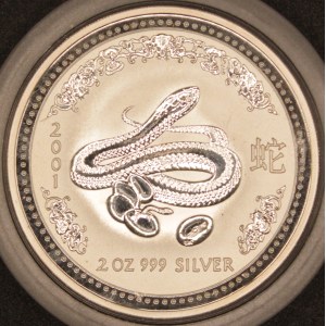 Australia. 2001 2 Dollars Year of the Snake Lunar Series 2 Oz .999 Silver