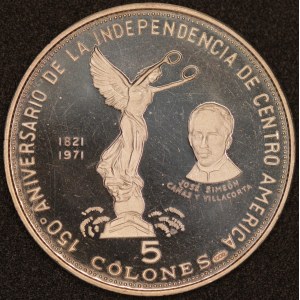 El Savador. 1974 5 Colones Unabhängigkeit Silber