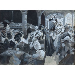 Gustave Flasschoen (1868 - 1940), Scena in un caffè sulla Senna