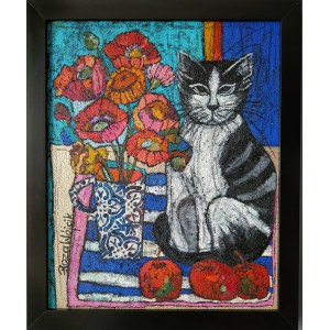 Rozalia Wojcik, Graue Katze und Blumen, 2022