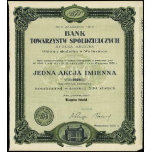 Bank Towarzystw Spółdzielczych, akcja imienna na 500 złotych, 1929, Warszawa