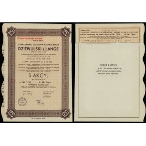 Dziewulski and Lange, 5 shares at 250 zlotys = 1,250 zlotys, 1937, Warsaw