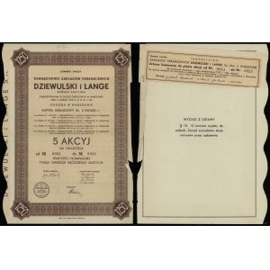 Dziewulski and Lange, 5 shares at 250 zlotys = 1,250 zlotys, 1937, Warsaw