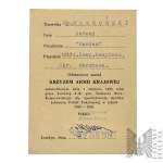[POSTHUMOUS ID CARD] Home Army/Emigration Home Army Cross ID Card Issued Posthumously to Antoni Gawroński, alias “Marian,” Security Company, Warsaw District