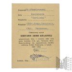 [POSTHUMOUS ID CARD]Home Army/Emigration Home Army Cross ID Card Issued Posthumously to Kazimierz Stamirowski, alias “Gorlicki,” Security Company, Warsaw District—Polish Legions, Pawiak, Auschwitz
