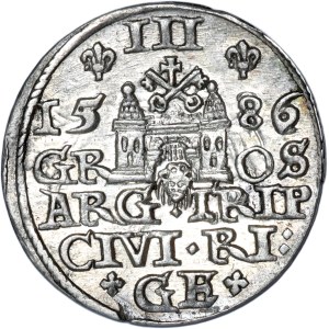 Stefan Batory, Trojak 1586, Ryga - duża głowa, rozetki