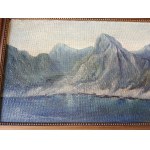 AUTHOR UNKNOWN, PAINTING OIL ON CARDBOARD MOUNTAIN MOTIF, SIGNED SIGNATURE ILLEGIBLE