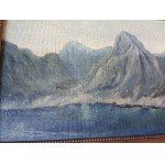 AUTHOR UNKNOWN, PAINTING OIL ON CARDBOARD MOUNTAIN MOTIF, SIGNED SIGNATURE ILLEGIBLE