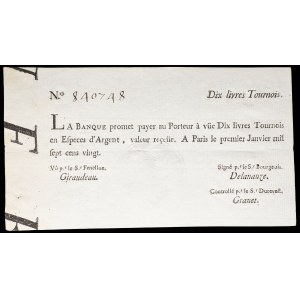10 livres tournois typographié - Banque de Law January 1, 1720.