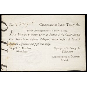 50 livres tournois typographié - Banque de Law September 2, 1720.