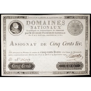 Assignat de 500 livres - Domaines nationaux September 29, 1790.