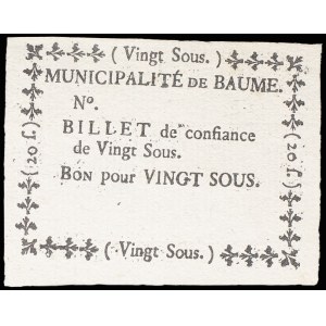 Confidence bill of 20 sous from the municipality of Baume ND (1791-1792).