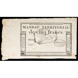 Mandat territorial de 5 francs avec cachet noir 28 Ventôse an 4.