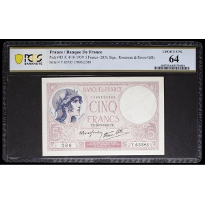 5 francs type “femme casquée” dit “violet” modifié 28-9-1939.