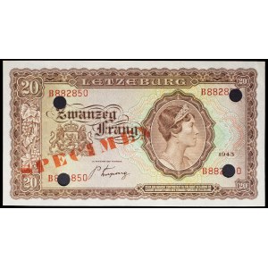 20 francs with portrait of Grand Duchess Charlotte (SPÉCIMEN) 1943.