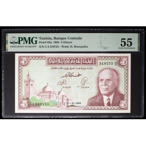5 Dinar mit dem Porträt von Präsident Habib Bourguiba 1-6-1965.