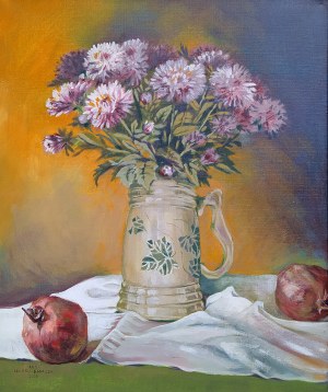 Anna Celińska-Banaszek, Martwa natura z astrami w kuflu i granatami, 2008