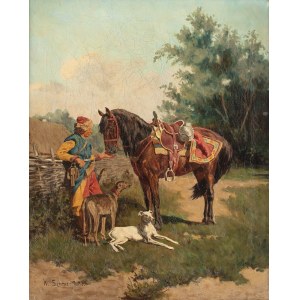 Władysław Karol Szerner (1870 Szebenice -1936), Pandur avec son cheval et ses deux chiens.