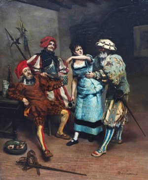 Zygmunt Sokołowski (1857 lub 1859 Niemierczyce (?) - 1888), Landsknechci w wartowni, 1878 r. (inny tytuł: Halabardnicy w gospodzie dokuczający młodej kelnerce)