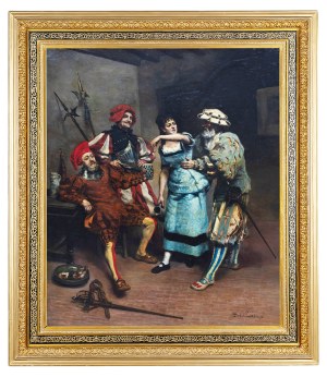 Zygmunt Sokołowski (1857 lub 1859 Niemierczyce (?) - 1888), Landsknechci w wartowni, 1878 r. (inny tytuł: Halabardnicy w gospodzie dokuczający młodej kelnerce)