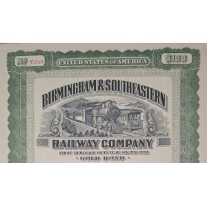 1911. BIRMINGHAM AND SOUTHEASTERN RAILWAY COMPANY. 100 USD.