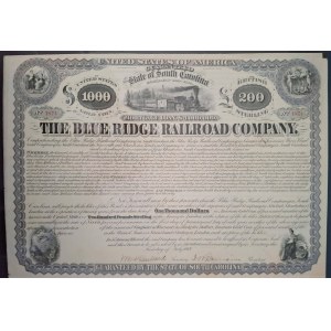 1869. BLUE RIDGE RAILROAD COMPANY. 1000 USD W ZŁOCIE-200 FUNTÓW SZTERLINGÓW.