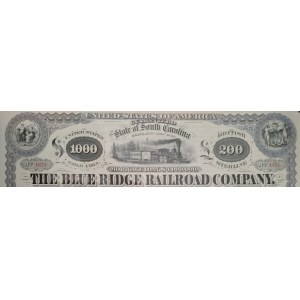 1869. BLUE RIDGE RAILROAD COMPANY. 1000 USD W ZŁOCIE-200 FUNTÓW SZTERLINGÓW.