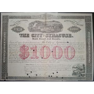 1870. CITY OF SYRACUSE RAIL ROAD AID WAY COMPANY. $1,000.