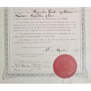 1907. PERUVIAN PACIFIC RAILWAY LIMITED. 100 POUNDS.
