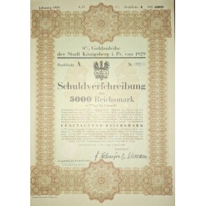1929. ZŁOTA OBLIGACJA MIASTA KRÓLEWCA. 5000 MAREK=1,792 KG ZŁOTA. NIESKASOWANA.