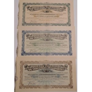 1942. SET OF 3 COMMEMORATIVE STOCKS — FINANCIAL SOCIETY FOR INDUSTRY AND TRANSPORT IN BARCELONA.