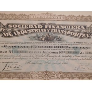 1942. SET OF 3 COMMEMORATIVE STOCKS — FINANCIAL SOCIETY FOR INDUSTRY AND TRANSPORT IN BARCELONA.