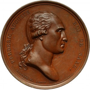 XIX wiek, medal z 1809 roku, wybity z okazji wizyty księcia warszawskiego Fryderyka Augusta w paryskiej mennicy, autorstwa Andrieu’a i Denon’a