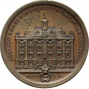 August III, medal z 1759 roku, wybity na pamiątkę otwarcia biblioteki Załuskich w Warszawie, autorstwa G.B. Tonelli