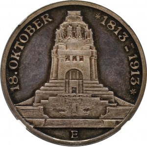 Niemcy, Saksonia, Fryderyk August III, 3 marki 1913 E, Muldenhütten, Bitwa pod Lipskiem, Stempel lustrzany (Proof)